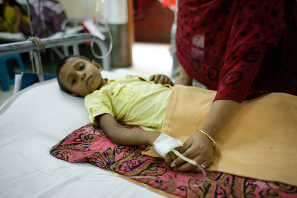 Samir is given nutrients intravenously at the hospital as he could not eat or drink.