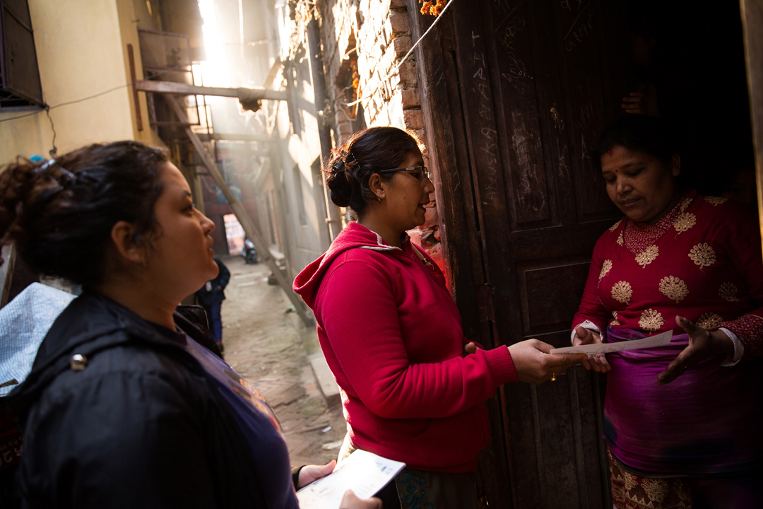 Before launching the vaccine trial, project staff conducted community outreach activities in the Lalitpur District of the Kathmandu Valley where the trial would be conducted. Activities ranged from staff going door-to-door and visiting local mothers’ groups to meetings with the district’s Public Health Division and locally elected representatives.