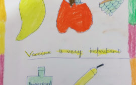 Children's drawing saying "Vaccine is very important"