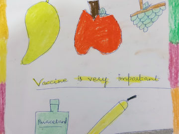 Children's drawing saying "Vaccine is very important"