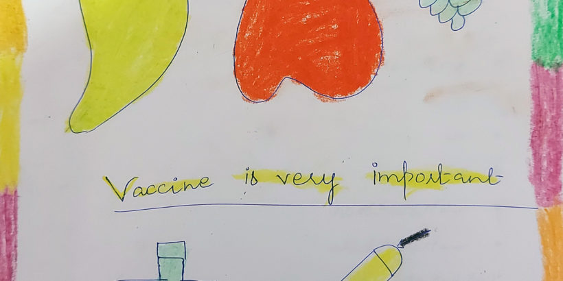 Children's drawing saying "Vaccine is very important"