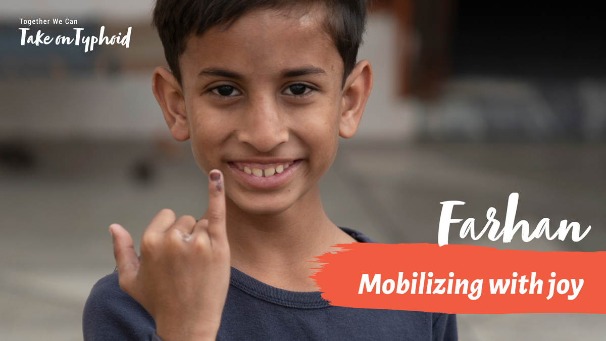 Boy smiling, holding up pinky finger; text: "Farhan: Mobilizing with joy"