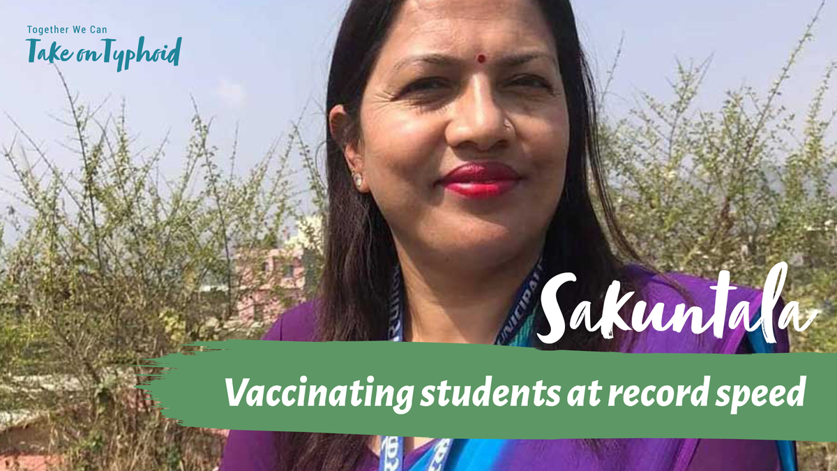 Woman with ID badge smiling. Text: "Sakuntala: Vaccinating students at record speed"