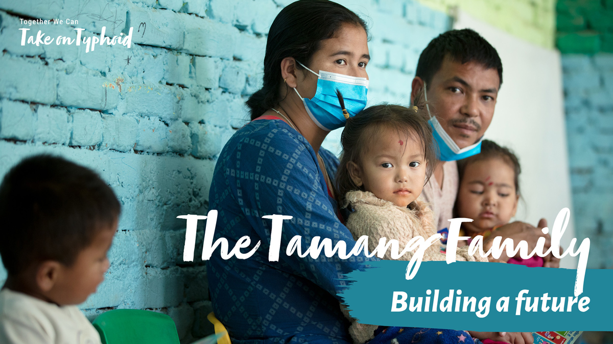Family sitting against wall; text: "The Tamang Family: Building a future"