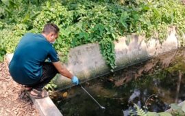 A man gathers a water sample to look for bacteriophages to help determine typhoid burden