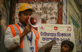 An immunization campaign worker spreading the word about TCV during Bangladesh’s TCV introduction in 2025.