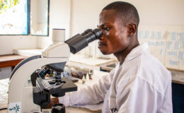 Mukizi Kabela-Kondo, a laboratory technician at Kenge General Hospital in the Democratic Republic of the Congo, performs the Widal test, which detects the presence of antibodies against Salmonella typhi, the bacteria causing typhoid.